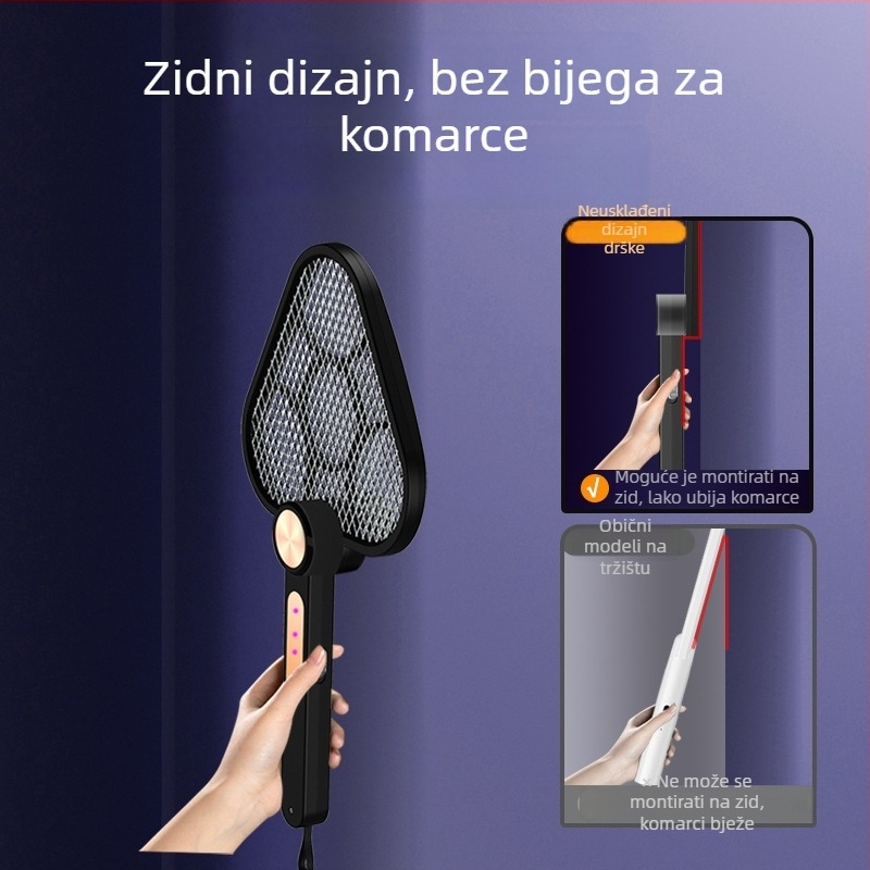 Električna lopata za komarce, sklopiva dvostruka, ugrađena baterija 1001–1600 mAh, LED svjetlo, pokrivenost 11–20 m², rotacija 180°