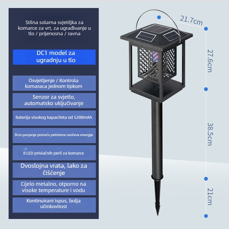 Solarna lampa za komarce s LED svjetlom, rotacija 0–180°, pokrivenost 61 m²+, ugrađena baterija od 5001 mAh