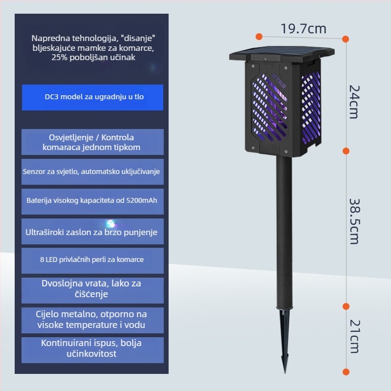 Solarna lampa za komarce s LED svjetlom, rotacija 0–180°, pokrivenost 61 m²+, ugrađena baterija od 5001 mAh