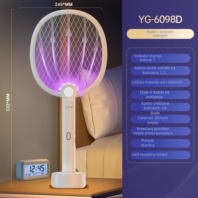 Električna hvatač komaraca za kućnu upotrebu - dvostruka funkcija: hvatač komaraca i muha uz UV svjetlo za privlačenje i uništenje, ugrađena baterija 801-1000 mAh, autonomija 1-3 h, punjenje 5-8 h.
