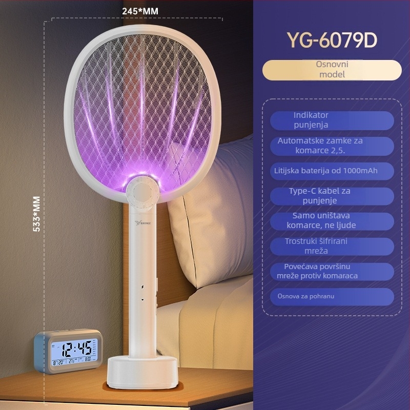Električna hvatač komaraca za kućnu upotrebu - dvostruka funkcija: hvatač komaraca i muha uz UV svjetlo za privlačenje i uništenje, ugrađena baterija 801-1000 mAh, autonomija 1-3 h, punjenje 5-8 h.