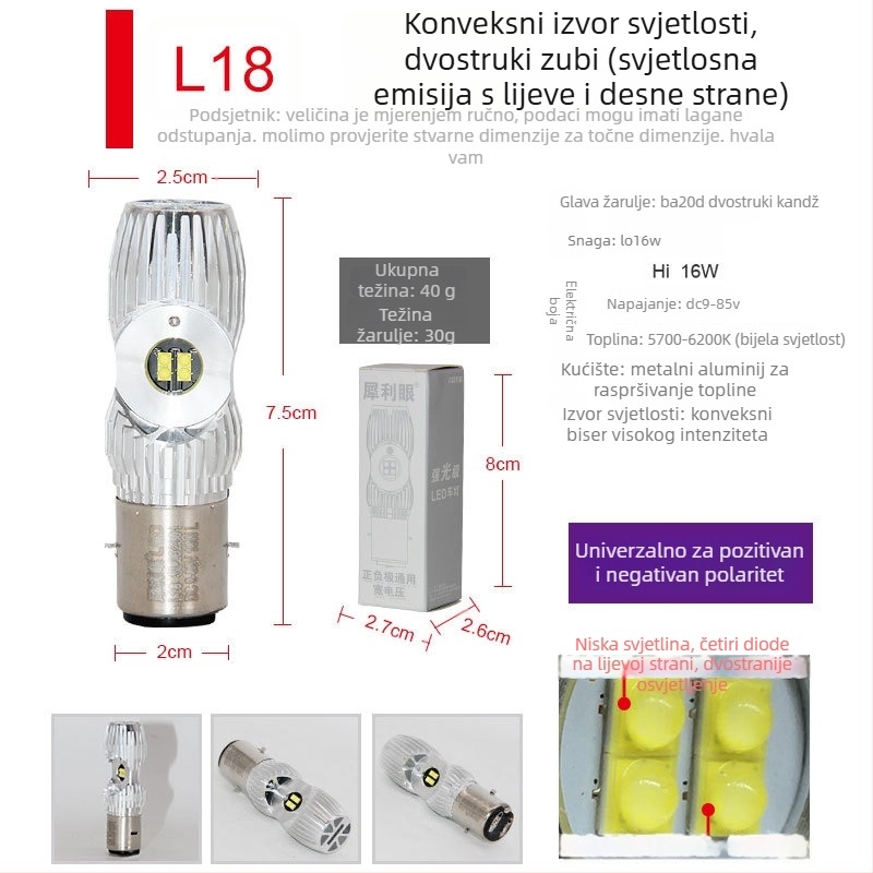 Motocikl LED prednje svjetlo s aluminijskim kućištem, 12–85V, 12/14/16/35W, prednja žarulja, kompatibilno s motociklima i električnim vozilima, modeli L9E, V2, L18, L17