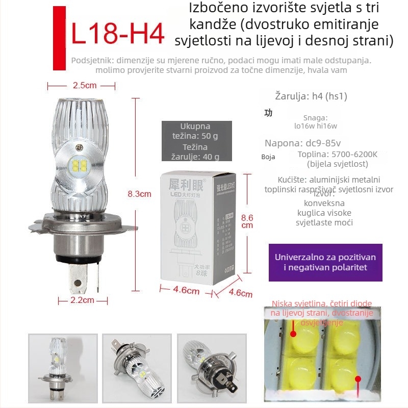 Motocikl LED prednje svjetlo s aluminijskim kućištem, 12–85V, 12/14/16/35W, prednja žarulja, kompatibilno s motociklima i električnim vozilima, modeli L9E, V2, L18, L17