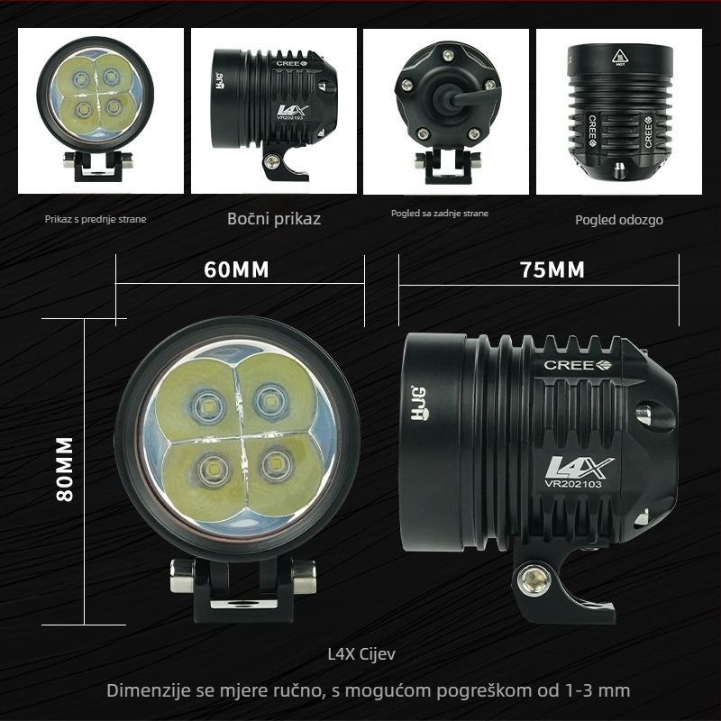 LED svjetlo za motocikl s teleskopki podesivim cijevima i vanjskim laserskim topom, IP68, 20–45W, 12–80V, univerzalna kompatibilnost, trajanje 30.000 sati