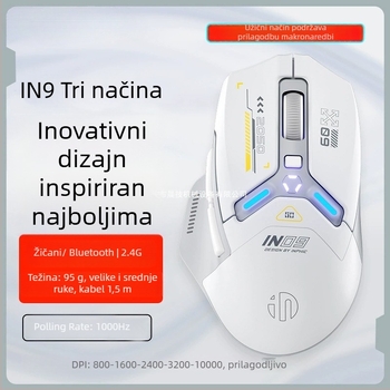 IN9 trojmódna bežična Bluetooth miša za igre i ured, 10000 DPI, 6 tipki, ergonomska