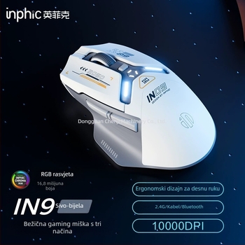 IN9 trojmódna bežična Bluetooth miša za igre i ured, 10000 DPI, 6 tipki, ergonomska