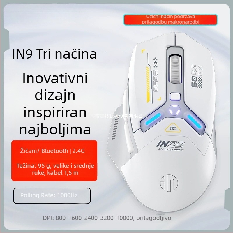 IN9 trojmódna bežična Bluetooth miša za igre i ured, 10000 DPI, 6 tipki, ergonomska