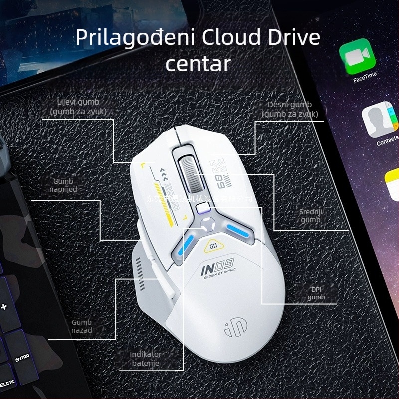 IN9 trojmódna bežična Bluetooth miša za igre i ured, 10000 DPI, 6 tipki, ergonomska
