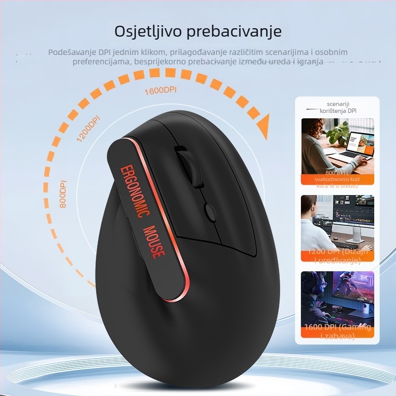 Ergonomska bežično punjiva bežična miš s dvostrukim režimom 2.4G i Bluetooth, vertikalni dizajn, 6 tipki, 1600 DPI