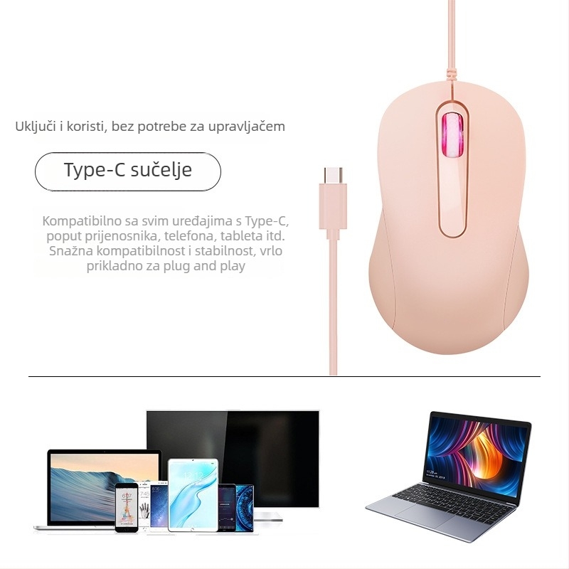Type-C žična optička miš, 1000dpi, 3 tipke, USB sučelje, kabel duljine 1,5 m