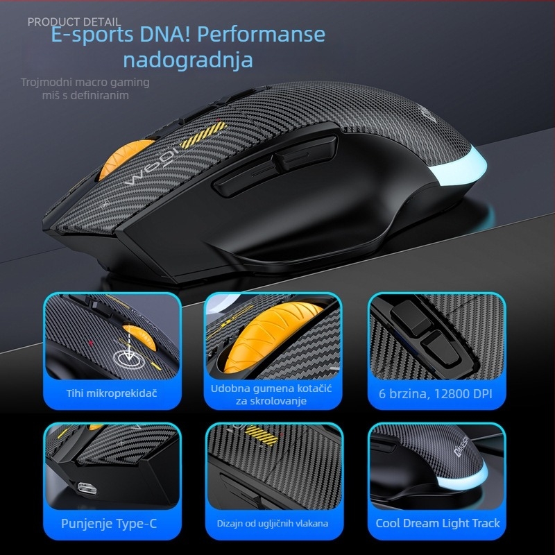 Gaming miš W601 – 12800 DPI, USB, 2.4G bežično, 7 tipki, Macro podrška