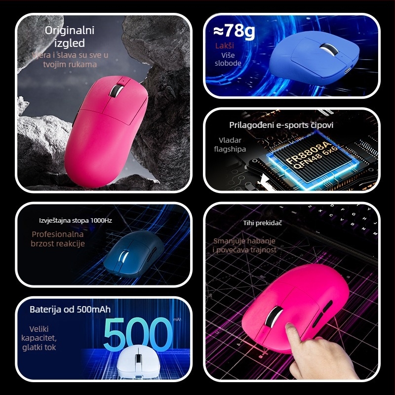 Gaming miš s tri načina: bežični 2.4G, Bluetooth i žični, 6400 DPI, 7 tipki, USB sučelje.