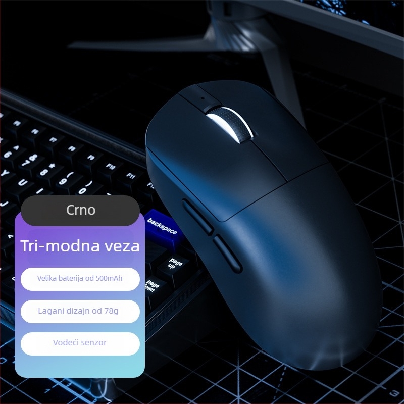 Gaming miš s tri načina: bežični 2.4G, Bluetooth i žični, 6400 DPI, 7 tipki, USB sučelje.