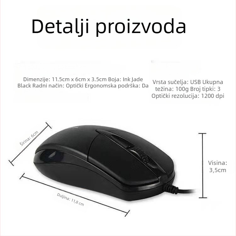Optički žični miš s USB priključkom i 2 tipke