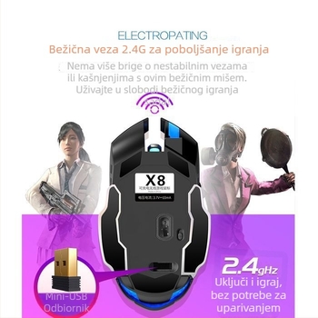 Optički bežični miš s USB sučeljem, 1000 DPI, 5-razinska prilagodba DPI, bežično punjenje