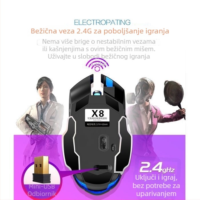 Optički bežični miš s USB sučeljem, 1000 DPI, 5-razinska prilagodba DPI, bežično punjenje