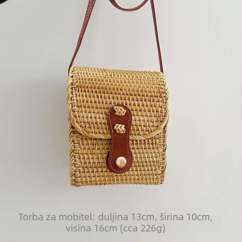 Kružna pletena torba od vinove trave, bucket stil, džep za telefon, pamuk podstava