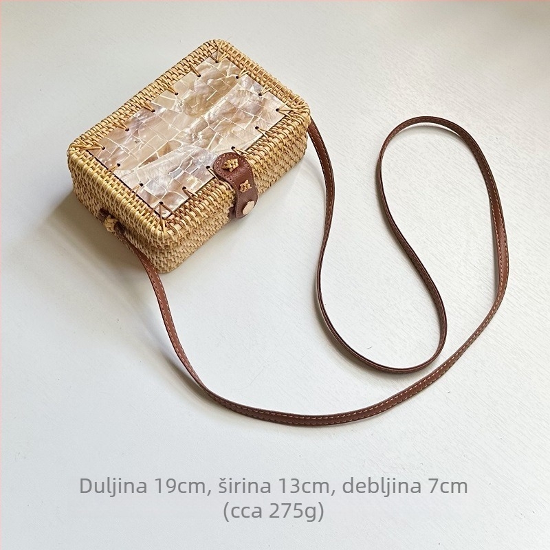 Kružna pletena torba od vinove trave, bucket stil, džep za telefon, pamuk podstava