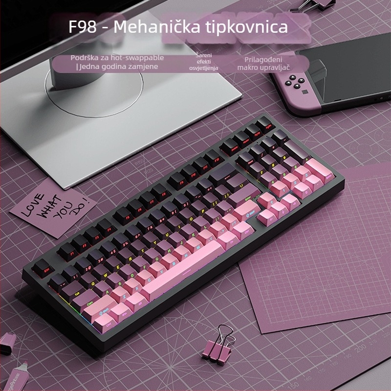 Gaming mehanička tipkovnica sa zelenim prekidačima, više od 98 tipki, žičana USB-C veza, RGB osvjetljenje