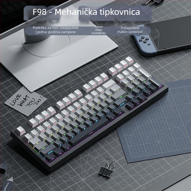 Gaming mehanička tipkovnica sa zelenim prekidačima, više od 98 tipki, žičana USB-C veza, RGB osvjetljenje
