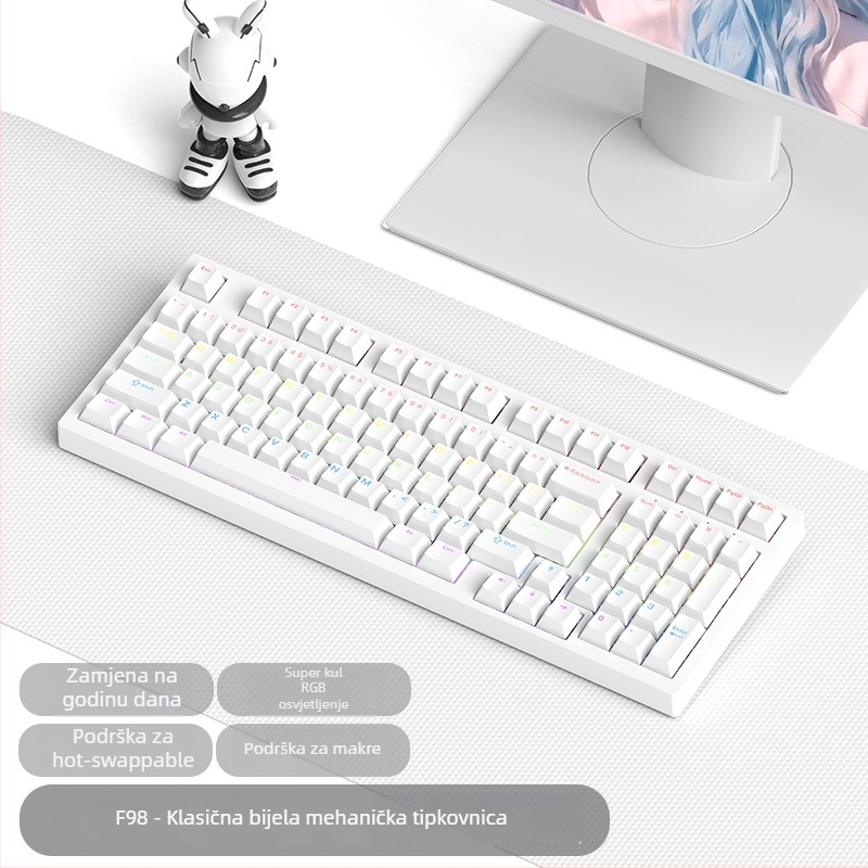 Gaming mehanička tipkovnica sa zelenim prekidačima, više od 98 tipki, žičana USB-C veza, RGB osvjetljenje