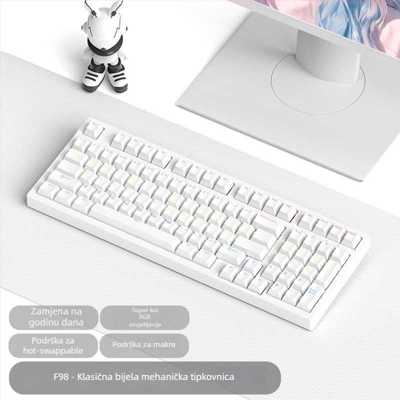 Gaming mehanička tipkovnica sa zelenim prekidačima, više od 98 tipki, žičana USB-C veza, RGB osvjetljenje