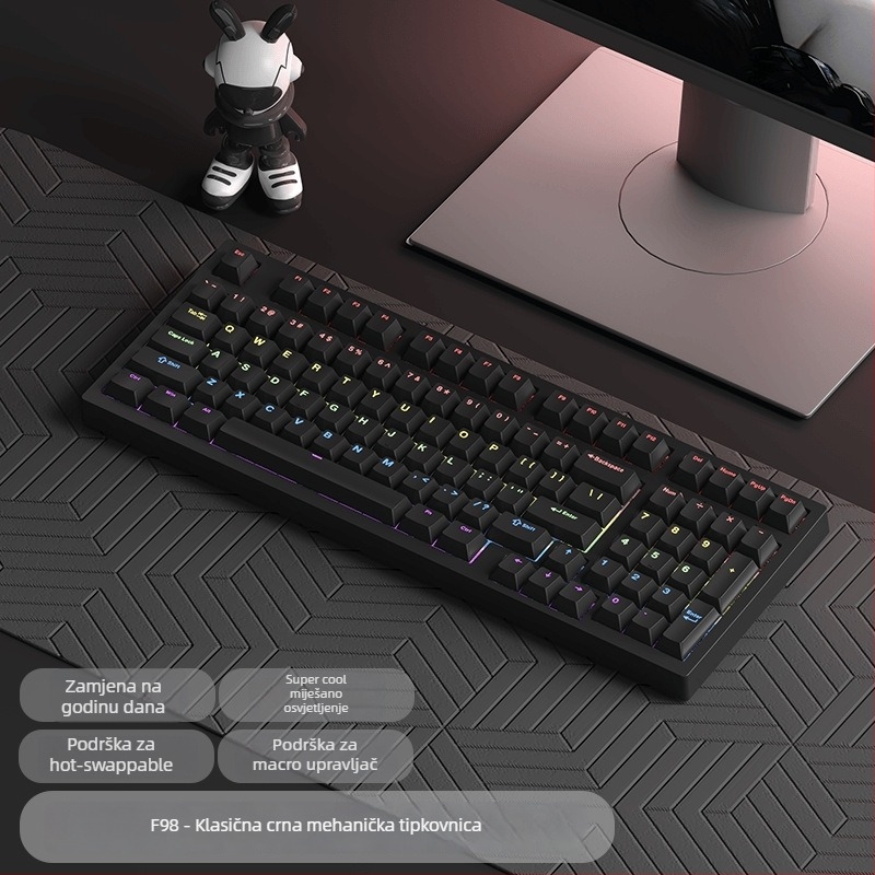 Gaming mehanička tipkovnica sa zelenim prekidačima, više od 98 tipki, žičana USB-C veza, RGB osvjetljenje