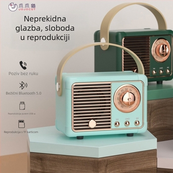 Retro Bluetooth zvučnik sa subwooferom, Bluetooth 5.0, IPX7 vodootporan, Izlazna snaga 3W, Frekvencijski raspon 100Hz–20kHz, SNR ≥70dB