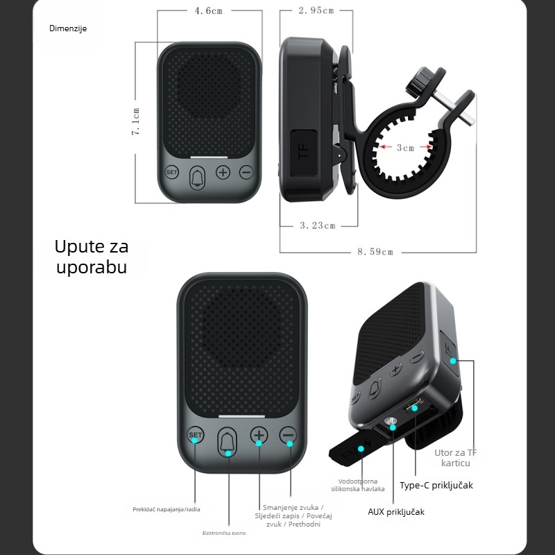 2-u-1 Bluetooth zvučnik s klipom za vožnju biciklom i vanjsku upotrebu, mini, IPX7 vodootporan, Bluetooth 5.3, 3W, 100 Hz-20 kHz, ugrađena baterija 500-800 mAh