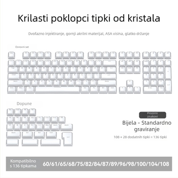 Mehanička tipkovnica s Cross-axis prekidačima | Prozirni gravirani PC keycaps, komplet od 136 tipki, žičano povezivanje, vodootpornost