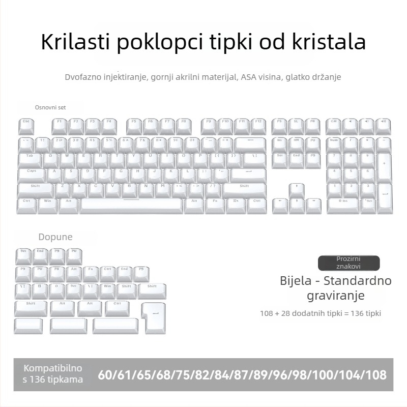Mehanička tipkovnica s Cross-axis prekidačima | Prozirni gravirani PC keycaps, komplet od 136 tipki, žičano povezivanje, vodootpornost