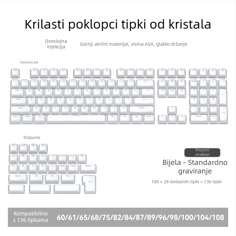 Mehanička tipkovnica s Cross-axis prekidačima | Prozirni gravirani PC keycaps, komplet od 136 tipki, žičano povezivanje, vodootpornost