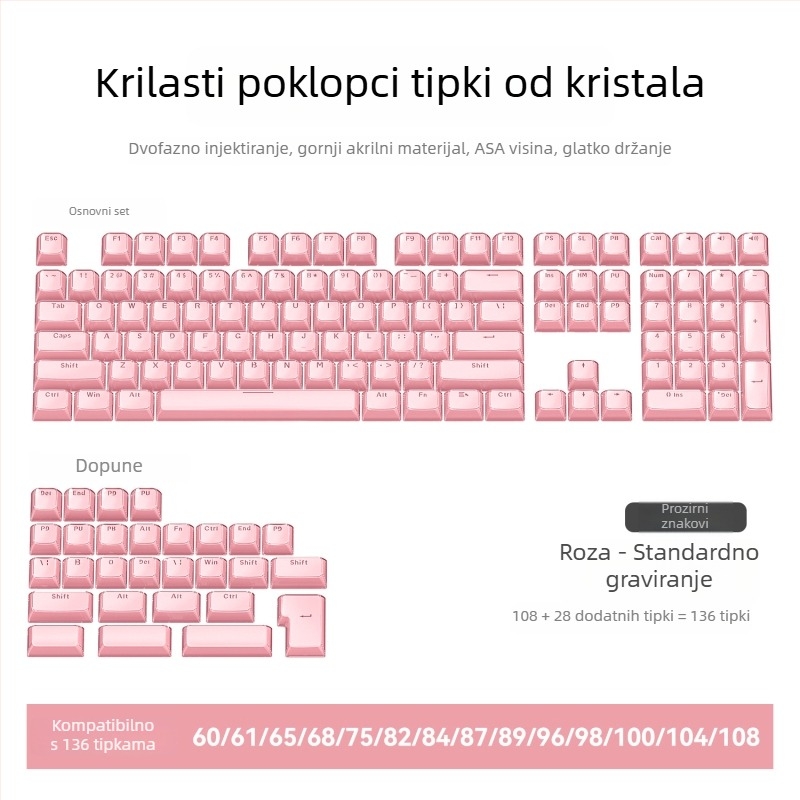 Mehanička tipkovnica s Cross-axis prekidačima | Prozirni gravirani PC keycaps, komplet od 136 tipki, žičano povezivanje, vodootpornost