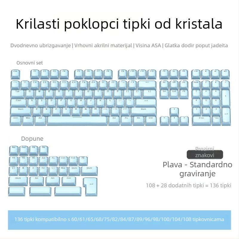 Mehanička tipkovnica s Cross-axis prekidačima | Prozirni gravirani PC keycaps, komplet od 136 tipki, žičano povezivanje, vodootpornost
