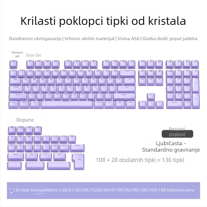 Mehanička tipkovnica s Cross-axis prekidačima | Prozirni gravirani PC keycaps, komplet od 136 tipki, žičano povezivanje, vodootpornost