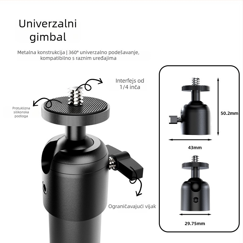 Sferni gimbal za stativ od aluminijskog legura – univerzalno kompatibilan s SLR fotoaparatom i projektorom, navoji, 360° horizontalno i vertikalno okretanje, težina 0,07 kg