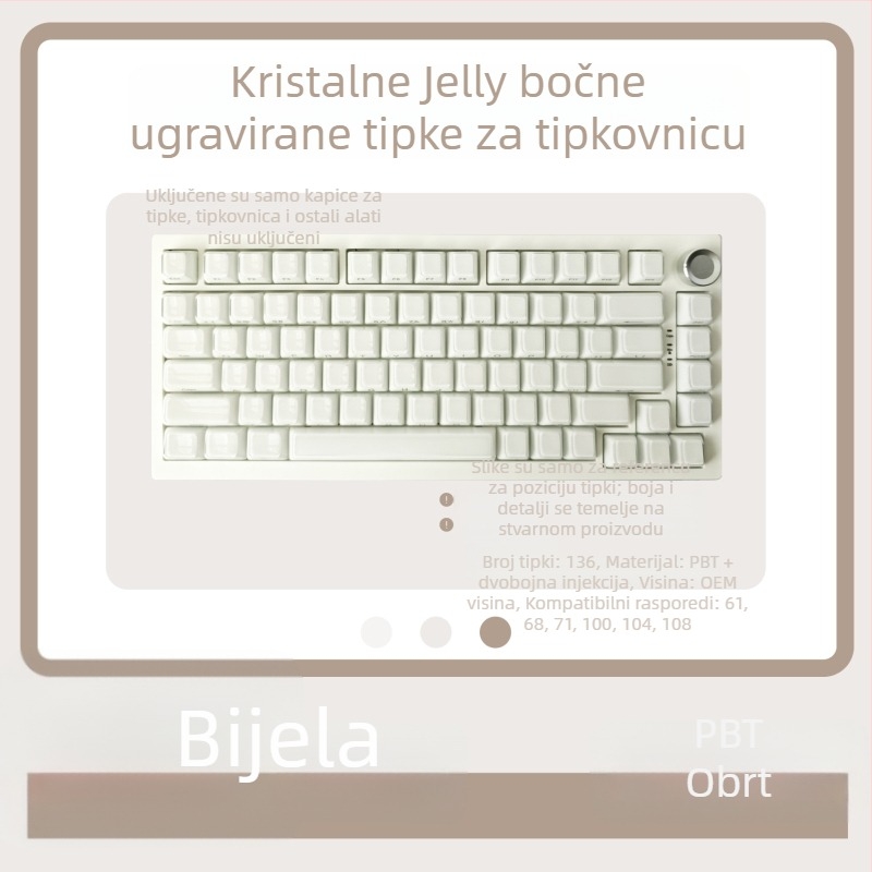 Set kapica za tipke za mehaničku tipkovnicu, 136 tipki, ABS materijal, dvostruko bojena injekcija kristalnog želatinoznog dizajna, bočne gravirane oznake, kompatibilno s optičkim prekidačima (model K68_)