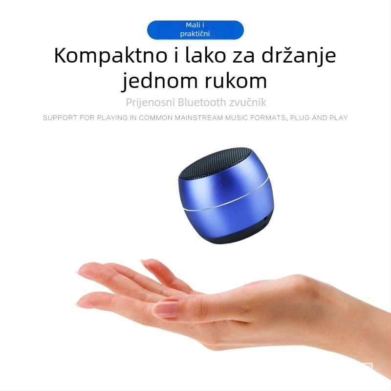 Bežični Bluetooth mini zvučnik s metalnim kućištem, Bluetooth 5.3, raspon frekvencija 60 Hz–15 kHz, SNR ≥70 dB, ugrađena baterija 300–500 mAh, nazivna snaga 3 W