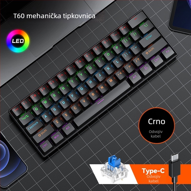 T-wolf T60 mehanička tipkovnica, 61 tipki, USB žičano povezivanje, RGB osvjetljenje, podrška za prilagodbu