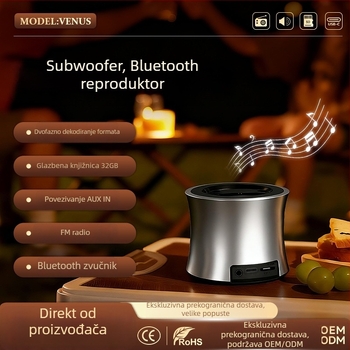 Mini Bluetooth zvučnik s metalnim kućištem, Bluetooth 5.0, 5W, ugrađena baterija 500-800 mAh, frekvencijski domet 100 Hz-20 kHz, SNR ≥95 dB