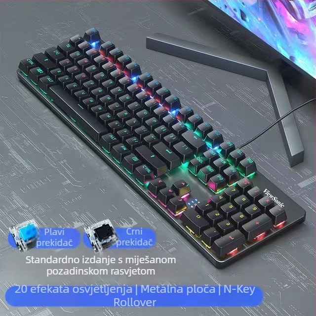 ViewSonic KU520 gaming tipkovnica s 104 tipkama, žično povezivanje, mehanički prekidači, RGB pozadinsko osvjetljenje, vodootporna