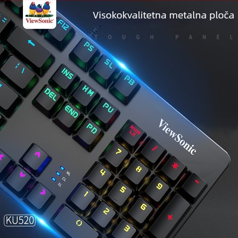 ViewSonic KU520 gaming tipkovnica s 104 tipkama, žično povezivanje, mehanički prekidači, RGB pozadinsko osvjetljenje, vodootporna