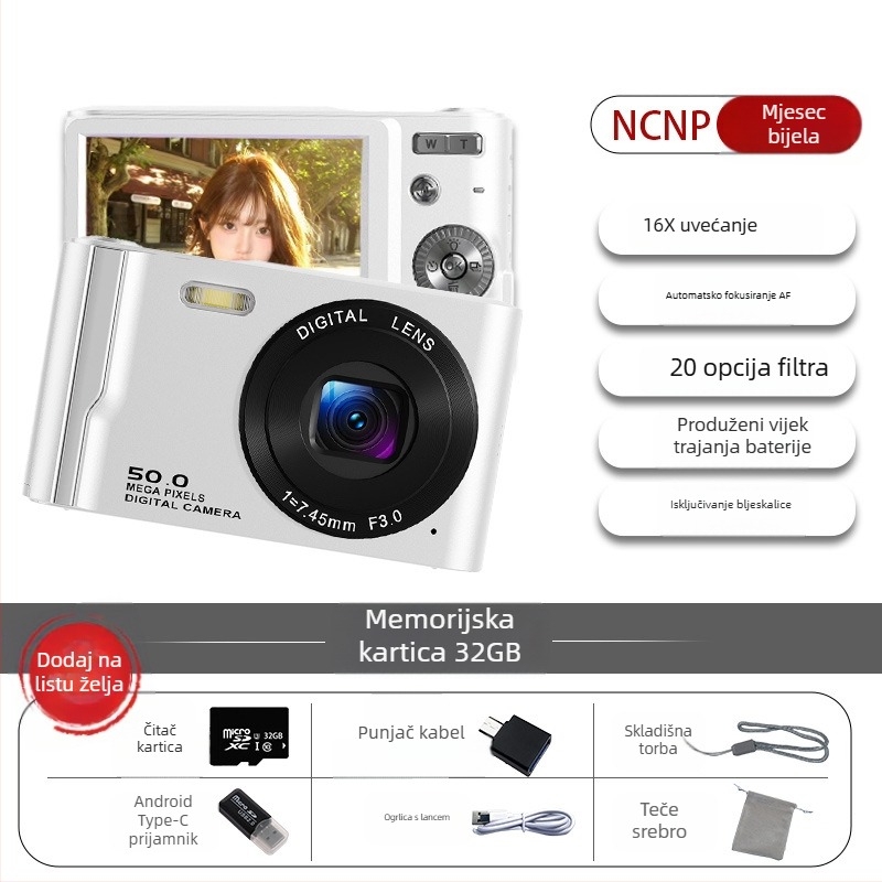 NCNPccd digitalni fotoaparat s 64 MP senzorom, 16x optičkim zoomom, fiksni objektiv, optička stabilizacija slike – HD putna kamera