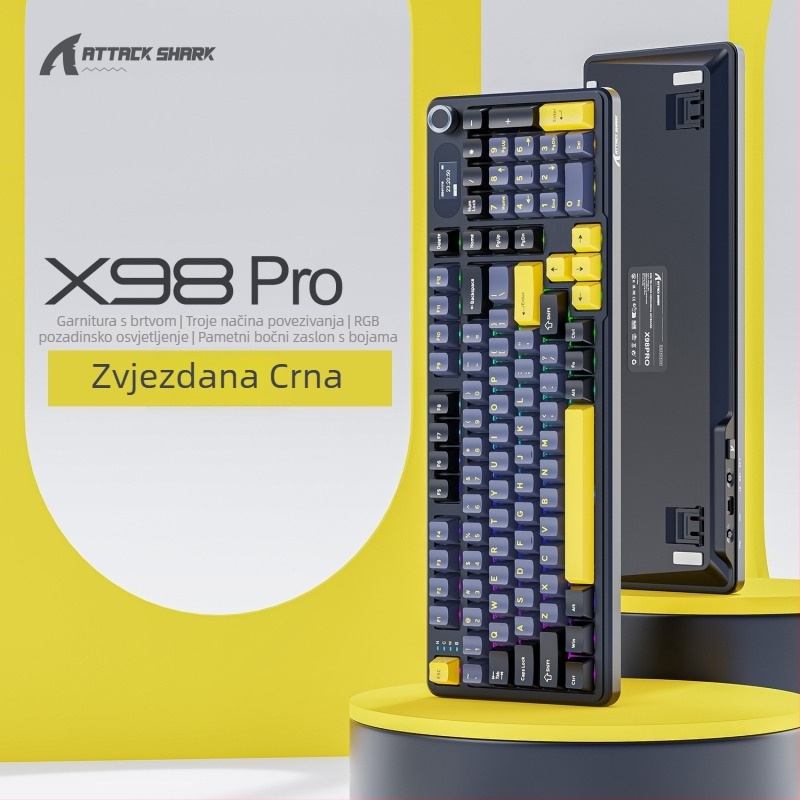 Attack Shark X98Pro mehanička tipkovnica s RGB pozadinskim osvjetljenjem, tri načina povezivanja (žično/Bluetooth/bežično), više od 98 tipki, Blueberry prekidači, ABS kućište