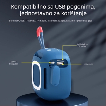 Mini Bluetooth zvučnik s utorom za karticu, Bluetooth 5.0, IPX7 vodootporan, ugrađena baterija 500–800 mAh, frekvencijski odziv 100 Hz–20 kHz, SNR ≥70 dB