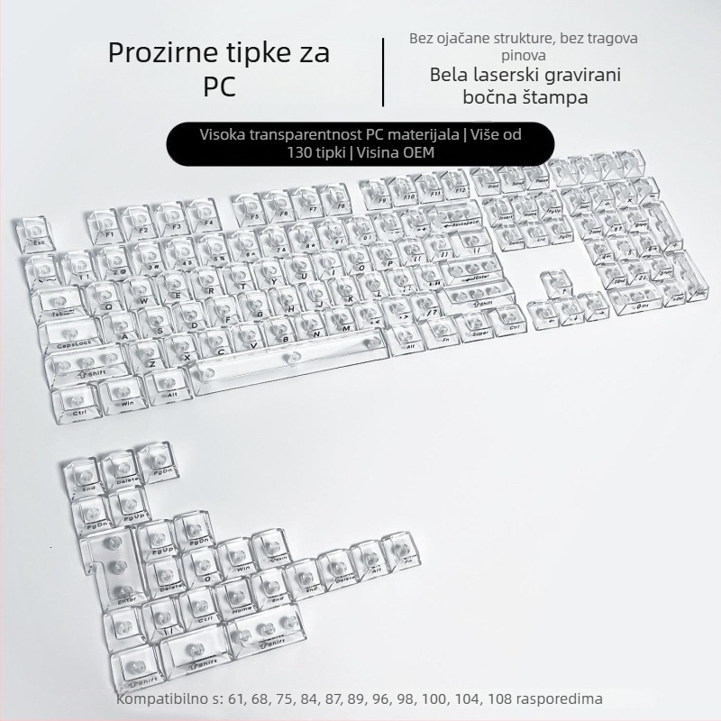 132-tipke kapice za mehaničku tipkovnicu, potpuno prozirne, DIY prilagodba, PC plast, bočna gravura