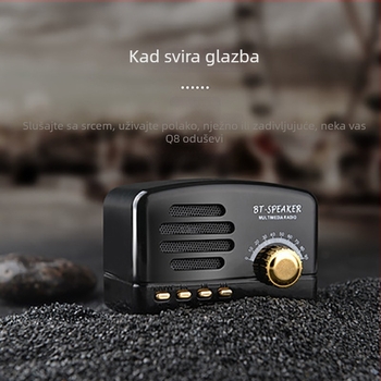 BT01 Kreativni retro Bluetooth zvučnik s drvenim uzorkom, ugrađena baterija 300–500 mAh, izlazna snaga 5 W, Bluetooth 2.1, frekvencijski opseg 100 Hz–20 kHz, SNR ≥75 dB.