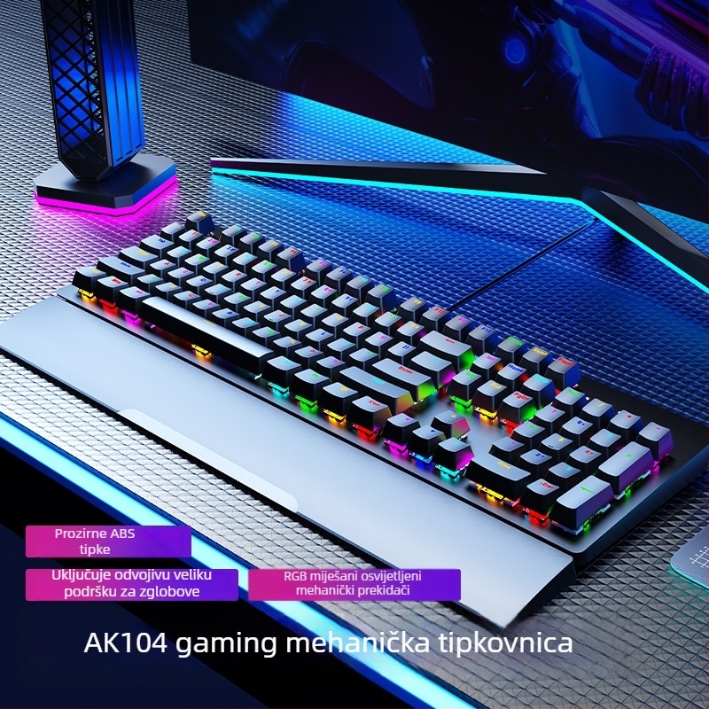 Mehanička tipkovnica AK104, 104 tipki, žično spojenje, RGB pozadinsko osvjetljenje, s podrškom za zglob, vodootporna