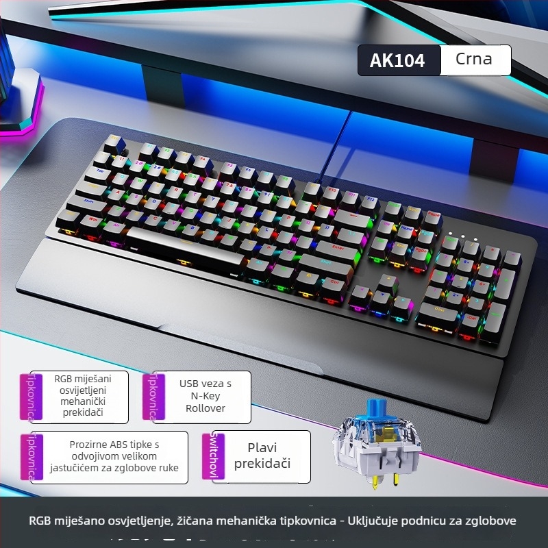 Mehanička tipkovnica AK104, 104 tipki, žično spojenje, RGB pozadinsko osvjetljenje, s podrškom za zglob, vodootporna