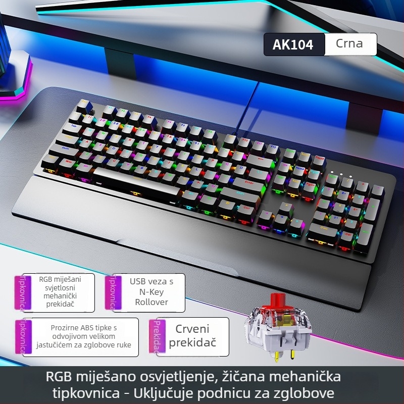 Mehanička tipkovnica AK104, 104 tipki, žično spojenje, RGB pozadinsko osvjetljenje, s podrškom za zglob, vodootporna